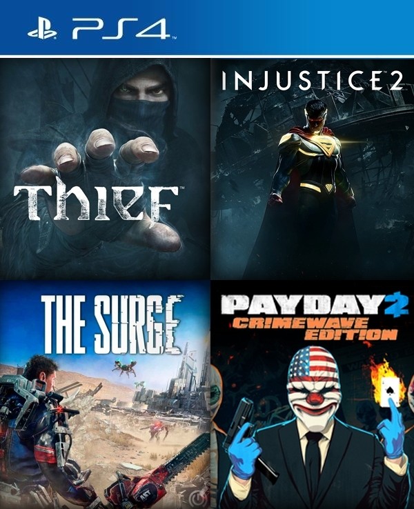 4 juegos en 1 Thief mas Injustice 2 mas The Surge mas PAYDAY 2 CRIMEWAVE EDITION PS4 | Juegos Digitales Perú | Venta de Juegos Digitales Perú | Ofertas PS3 PS4 PS5 XBOX Nintendo
